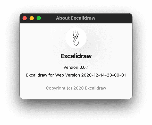 The Excalidraw Desktop 'About' window displaying the version of the Electron wrapper and the Web app.